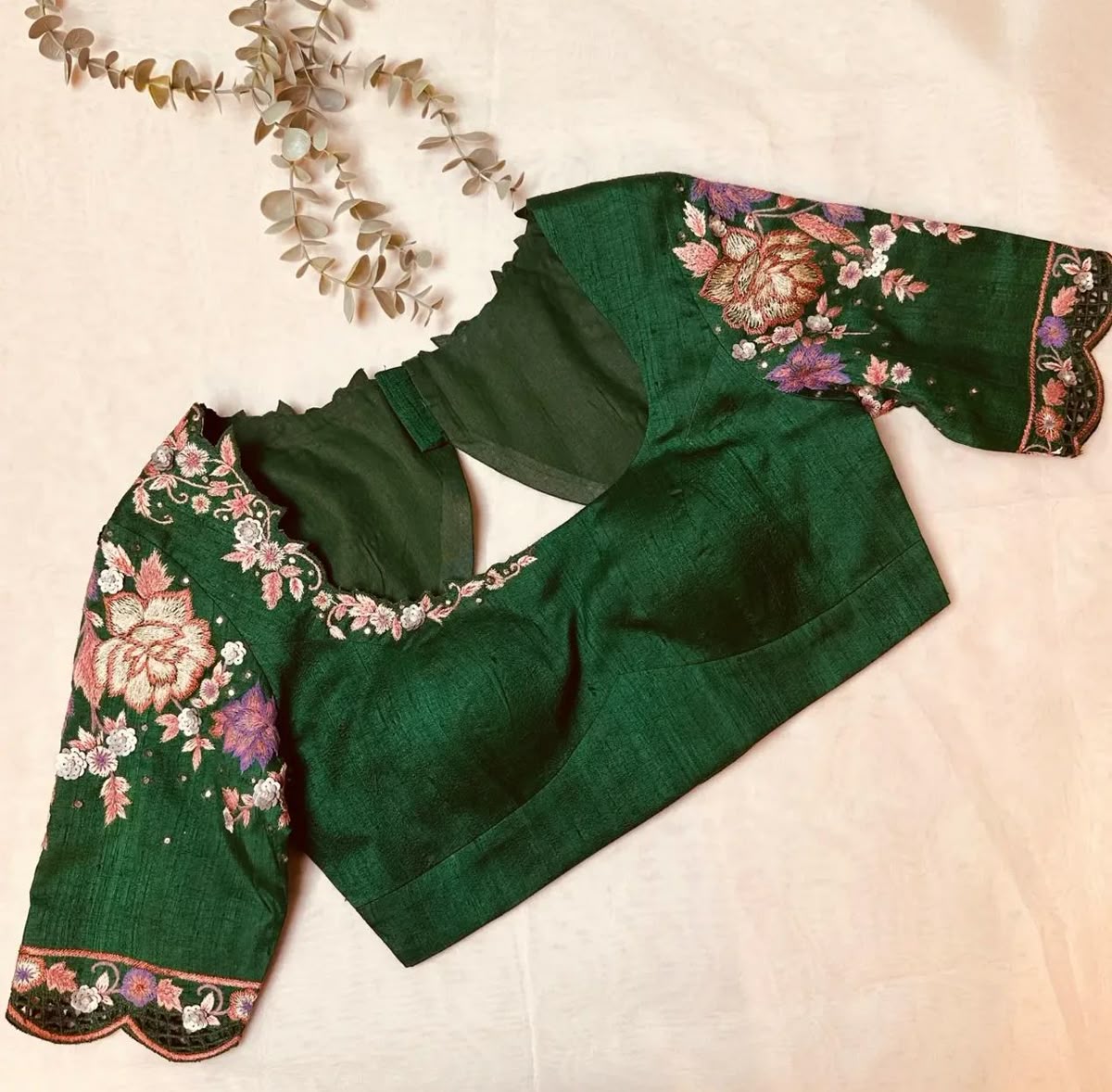 Emerald Green Designer Blouse with Floral Embroidered Sleeves