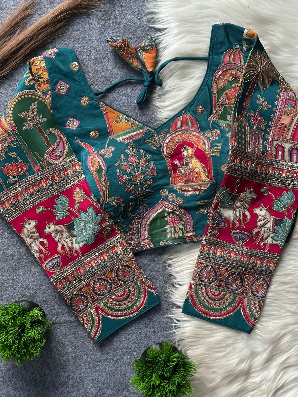 Premium Embroidered Blouse Featuring Traditional Hand Embroidered Story Panels (8 Color)