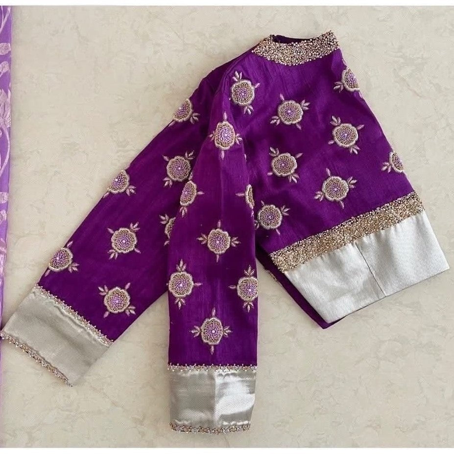 Royal Purple Silk Blouse with Gold Motif Embroidery