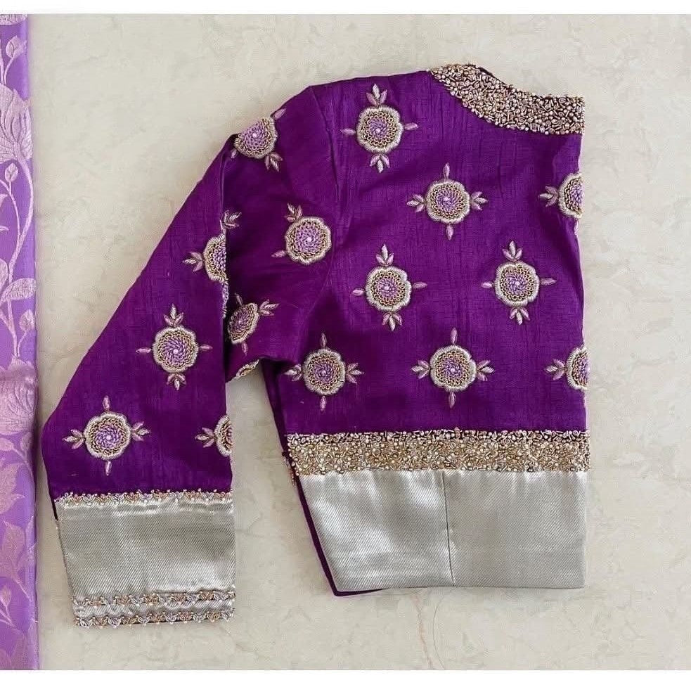 Royal Purple Silk Blouse with Gold Motif Embroidery
