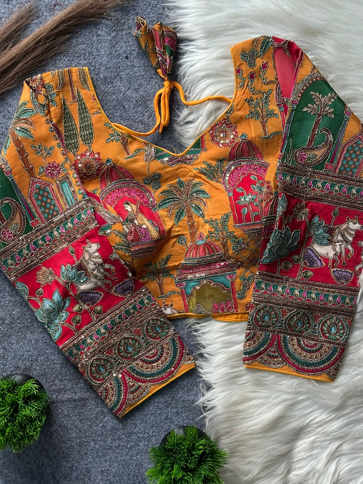 Premium Embroidered Blouse Featuring Traditional Hand Embroidered Story Panels (8 Color)