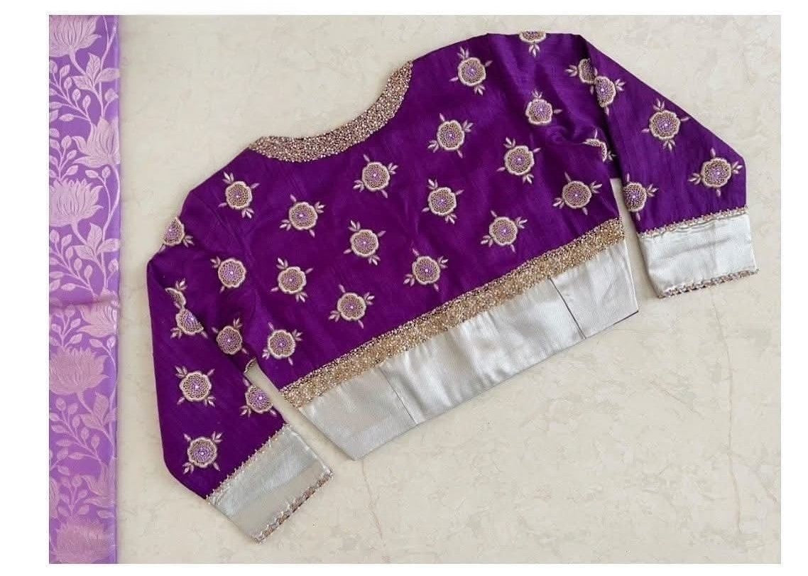 Royal Purple Silk Blouse with Gold Motif Embroidery