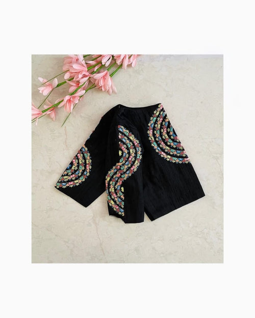 Black Designer Blouse with Multicolor Floral Embroidery