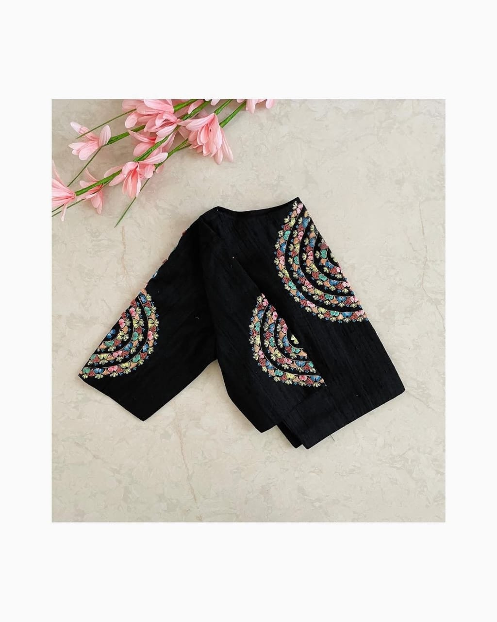 Black Designer Blouse with Multicolor Floral Embroidery