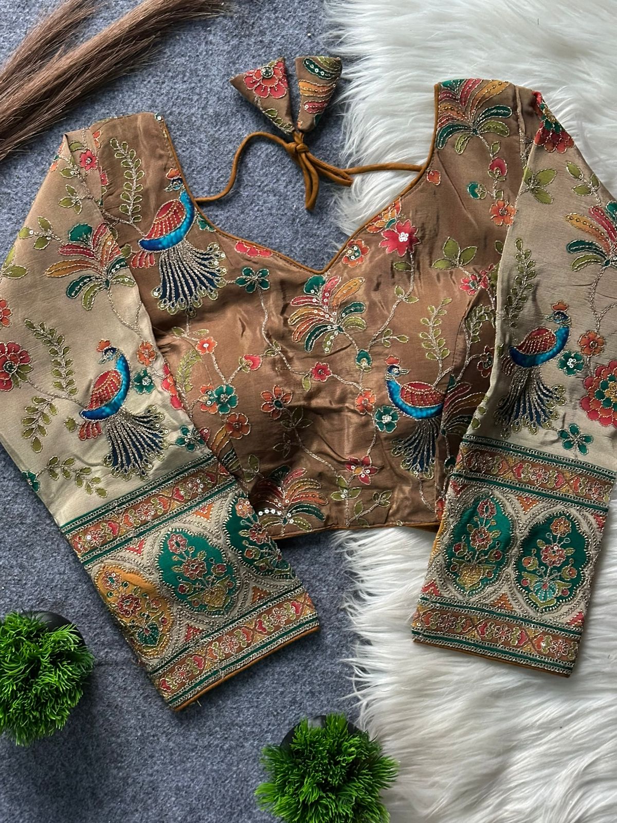 Premium Embroidered Blouse Featuring Traditional Hand Embroidered Story Panels (8 Color)