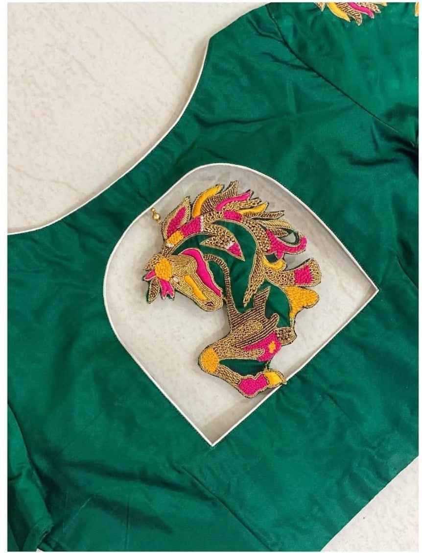 Emerald Green Statement Peacock Embroidered Designer Blouse