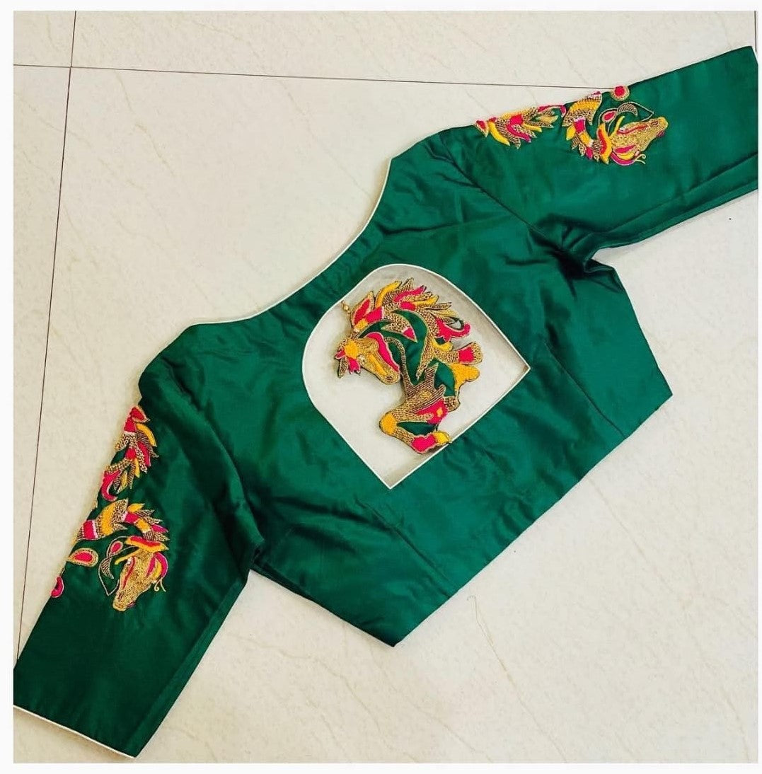 Emerald Green Statement Peacock Embroidered Designer Blouse