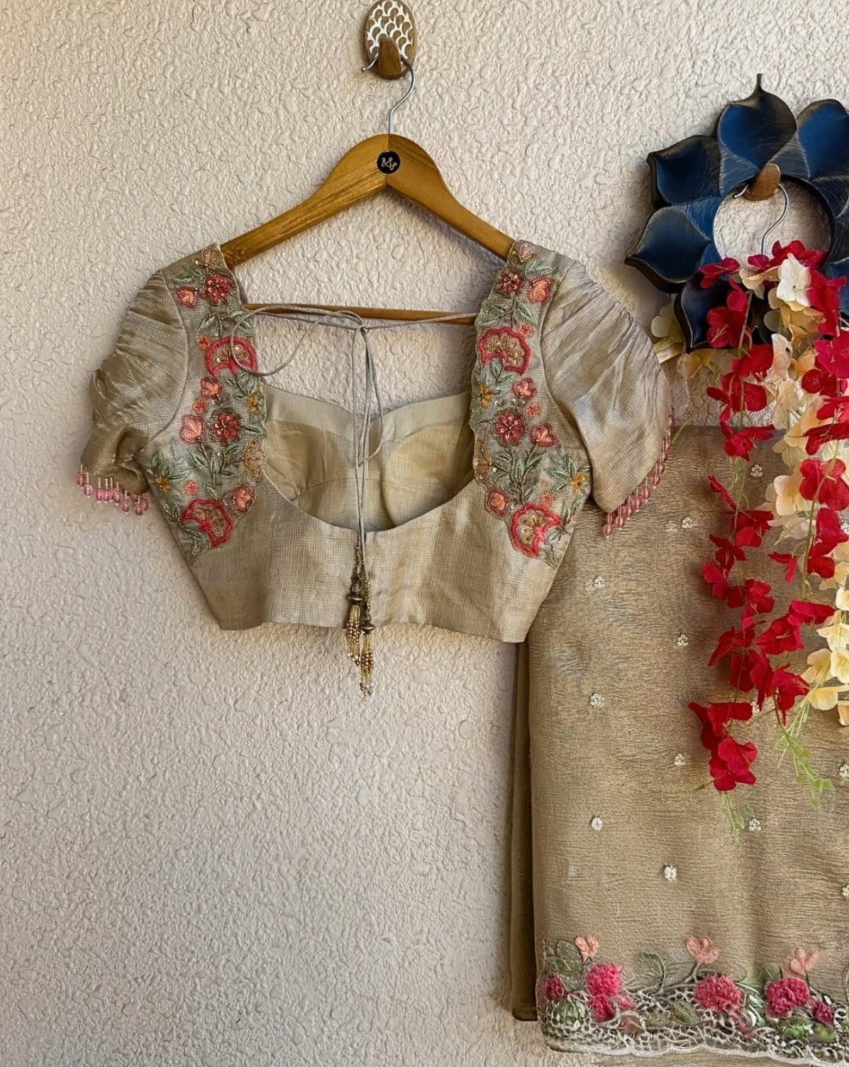 Sage Green Silk Blouse with Floral Hand Embroidery