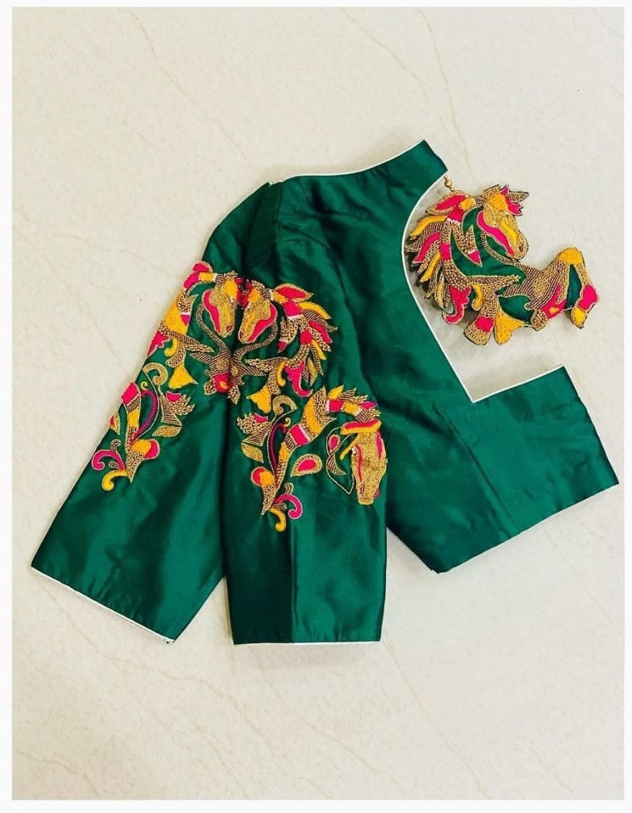 Emerald Green Statement Peacock Embroidered Designer Blouse