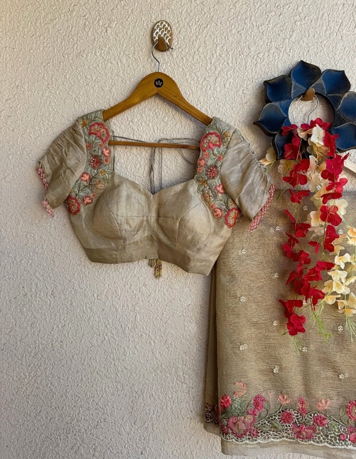 Sage Green Silk Blouse with Floral Hand Embroidery