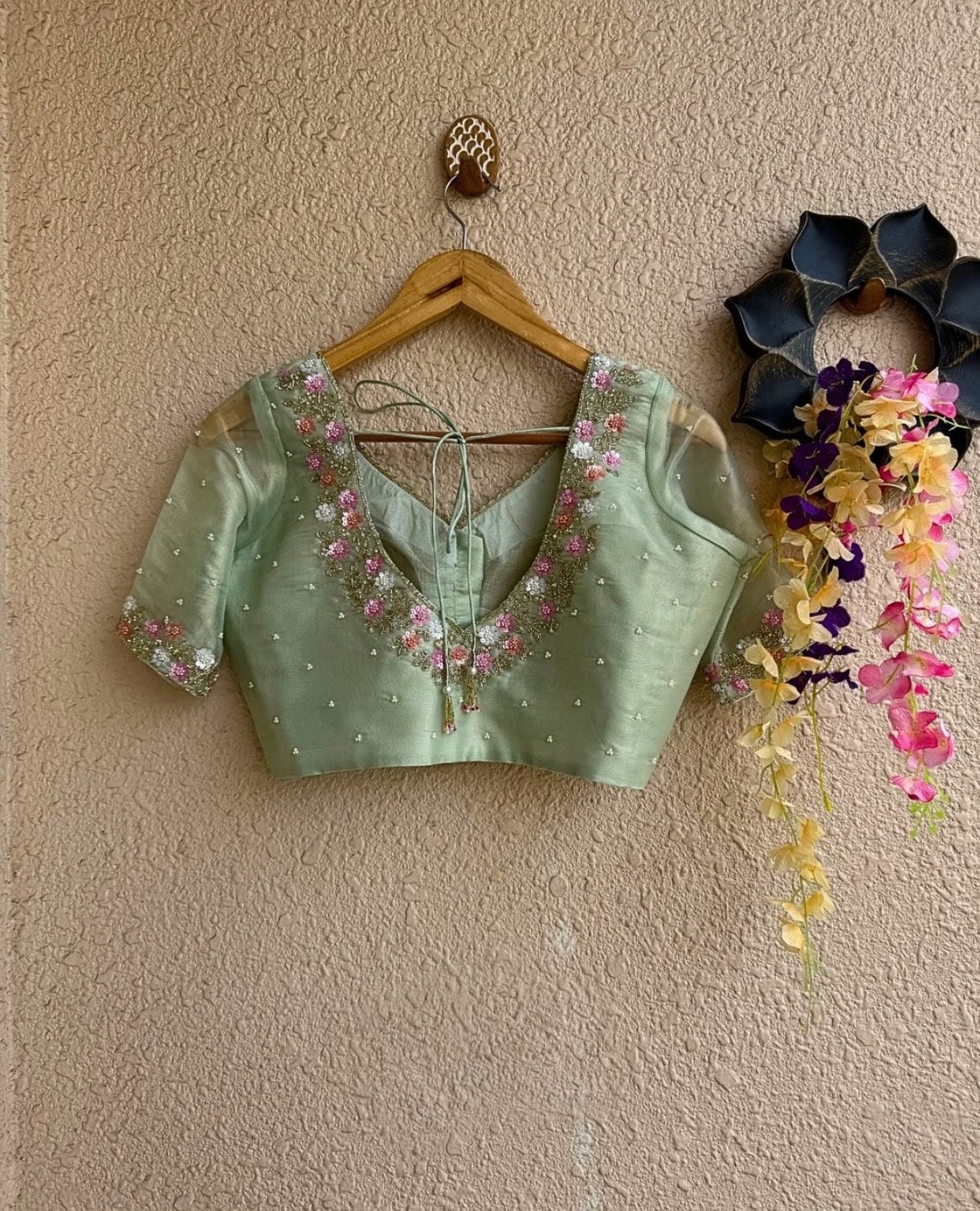 Soft Mint Silk Designer Blouse with Hand Embellished Sleeves