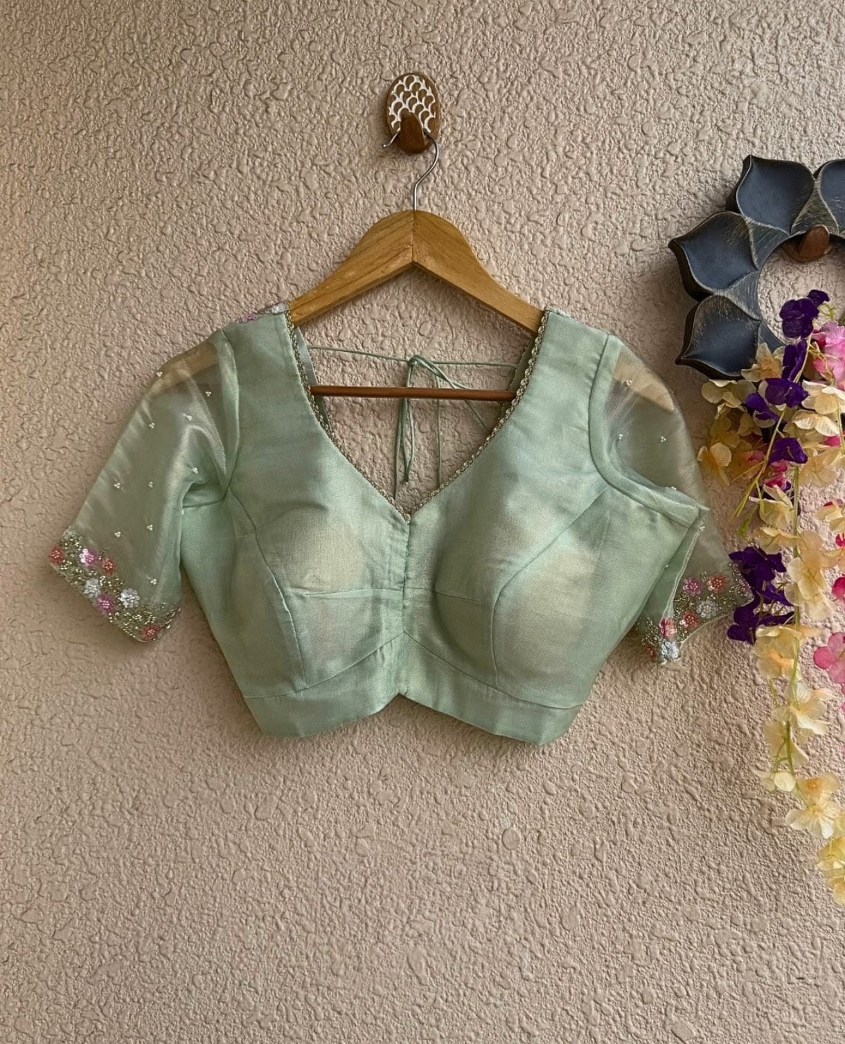 Soft Mint Silk Designer Blouse with Hand Embellished Sleeves