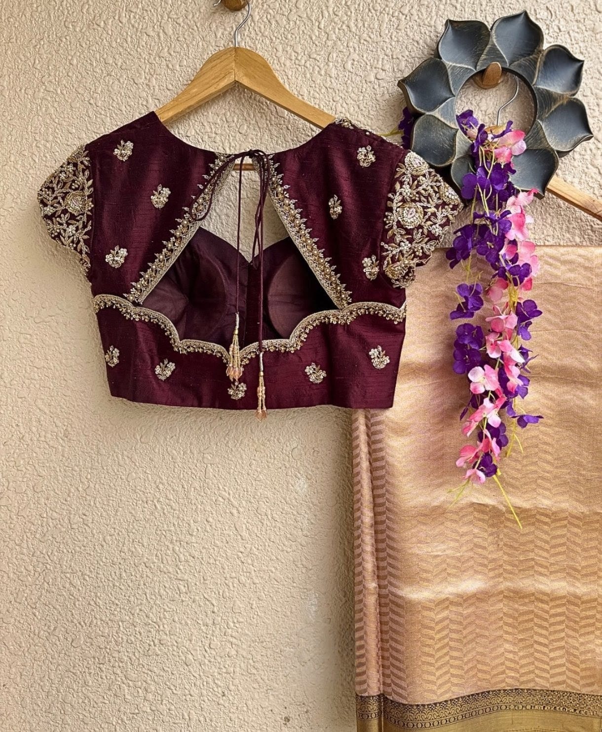 Wine Purple Silk Blouse with Heavy Gold Embroidery