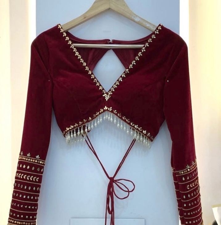 Hot Maroon Designer V-Neck Saree Blouse