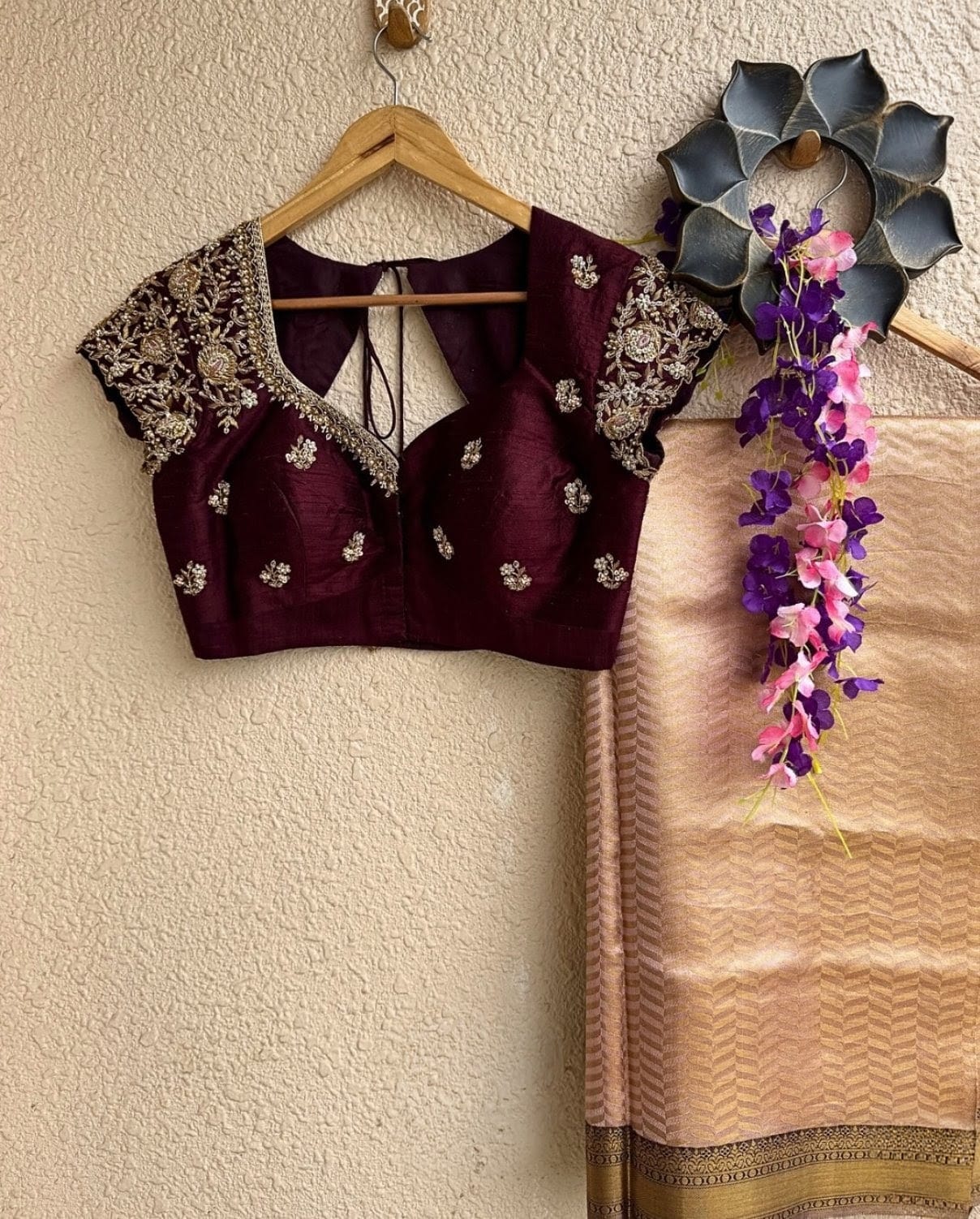 Wine Purple Silk Blouse with Heavy Gold Embroidery