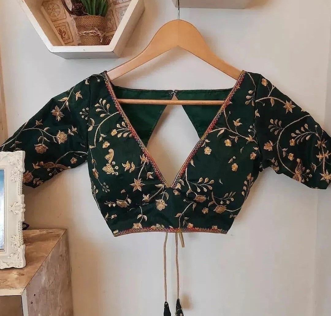 Emerald Green Floral Embroidered Designer Blouse