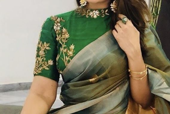 Dark Green Collar Neck Embroidered Cotton Blouse