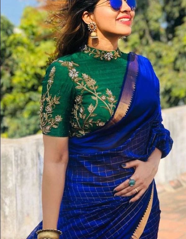 Dark Green Collar Neck Embroidered Cotton Blouse