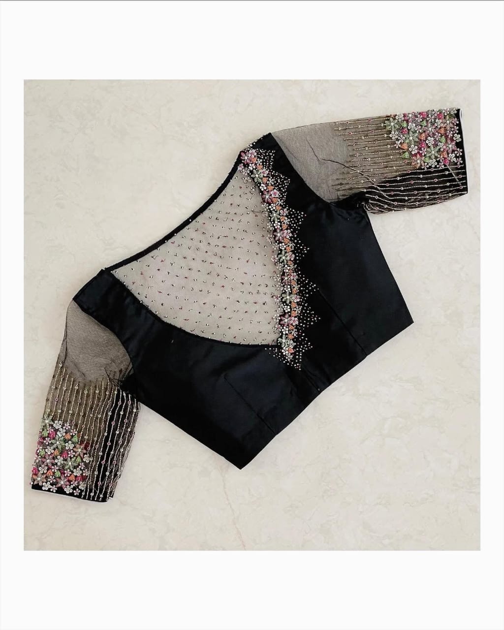 Black Designer Blouse with Sheer Net Yoke & Floral Embroidery