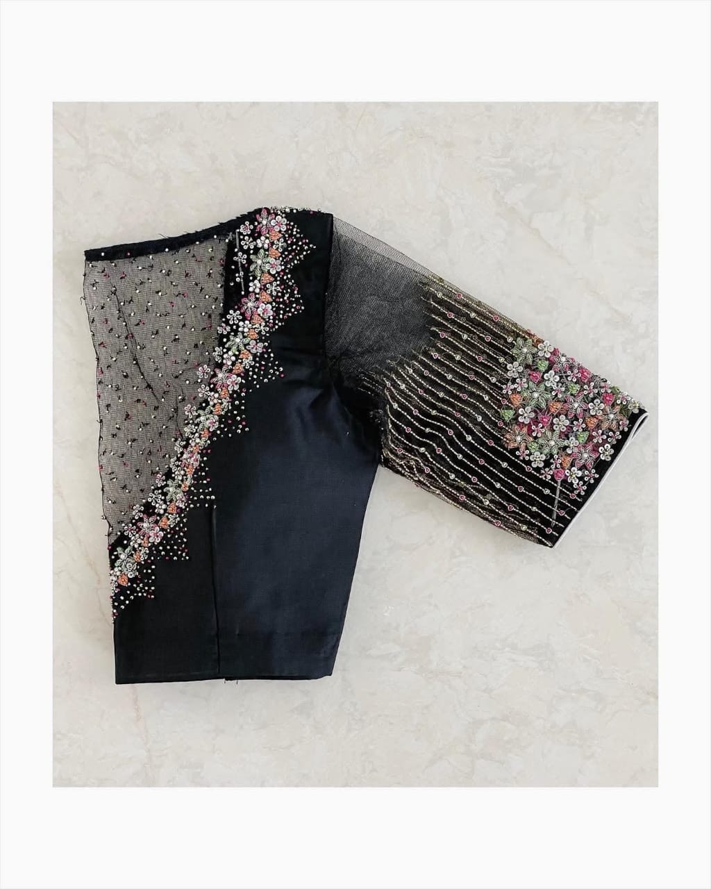 Black Designer Blouse with Sheer Net Yoke & Floral Embroidery