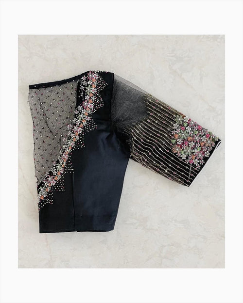 Black Designer Blouse with Sheer Net Yoke & Floral Embroidery