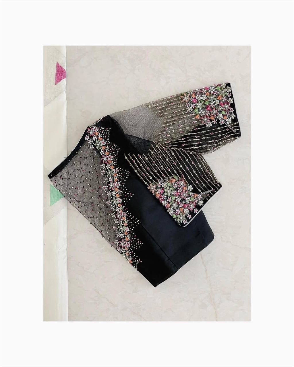 Black Designer Blouse with Sheer Net Yoke & Floral Embroidery