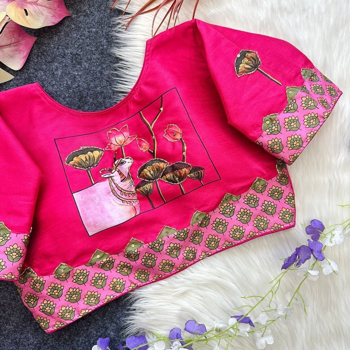 Traditional Cow Print Pink Paithani Border Blouse