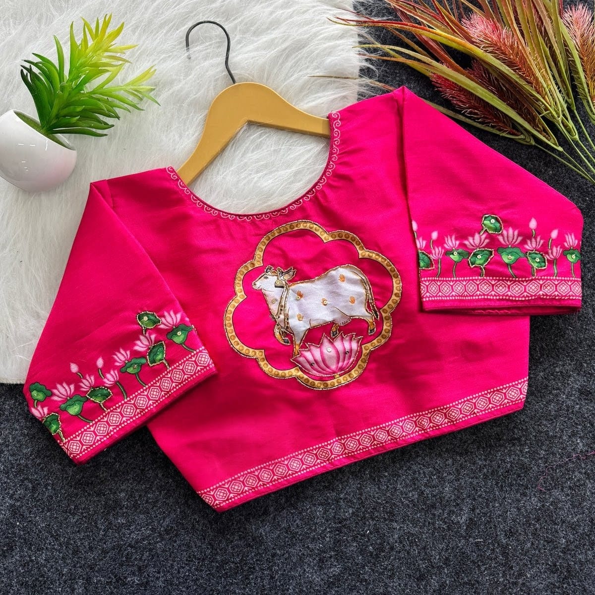 Traditional Cow Print Pink Paithani Border Blouse