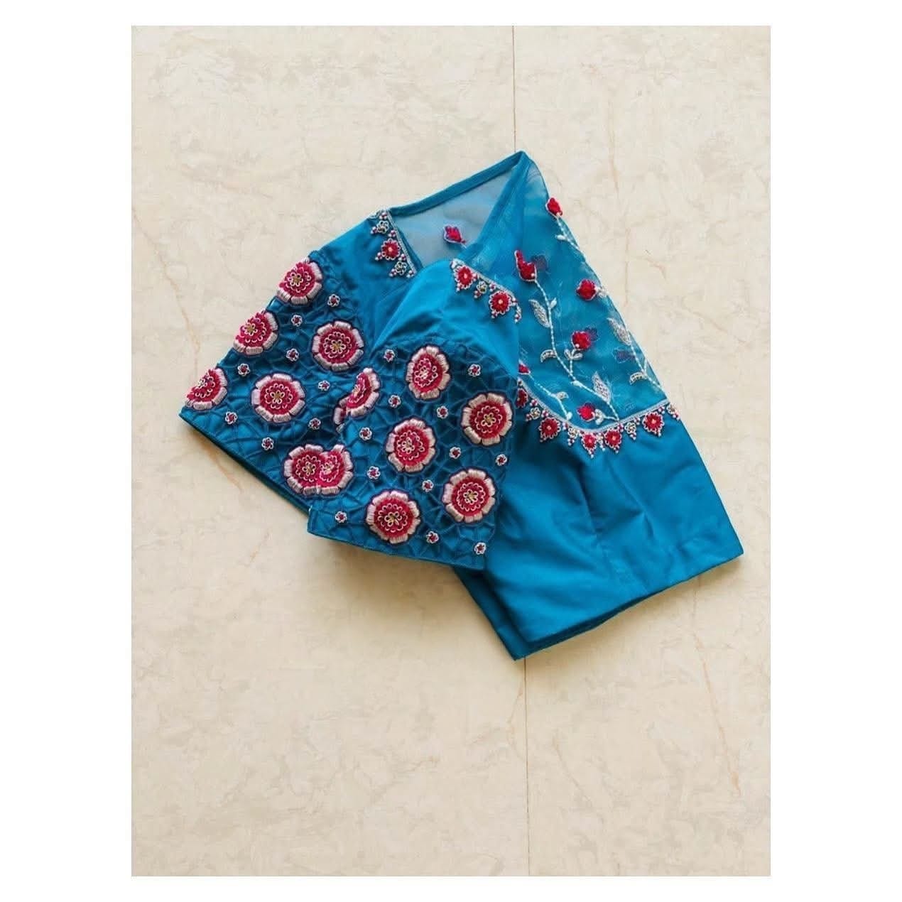Rich Teal Blue Designer Embroidered Blouse For Festive