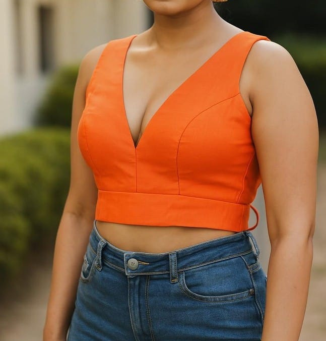 Cotton Designer Blouse with Deep V-Neck Back (5 Color)