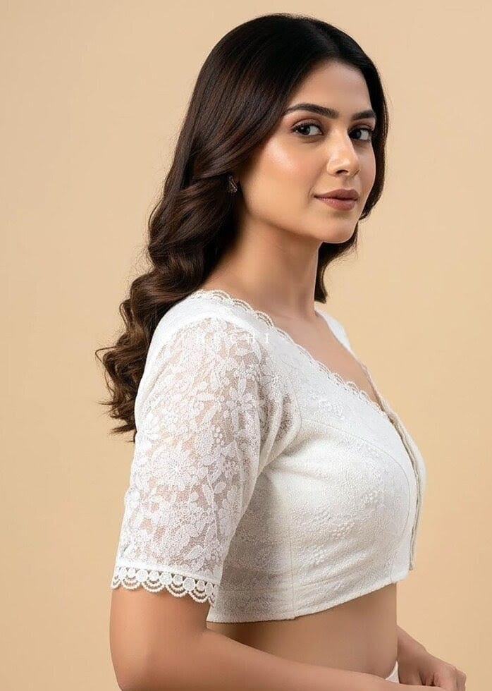 White Georgette Chikankari Blouse: Hand Embroidered