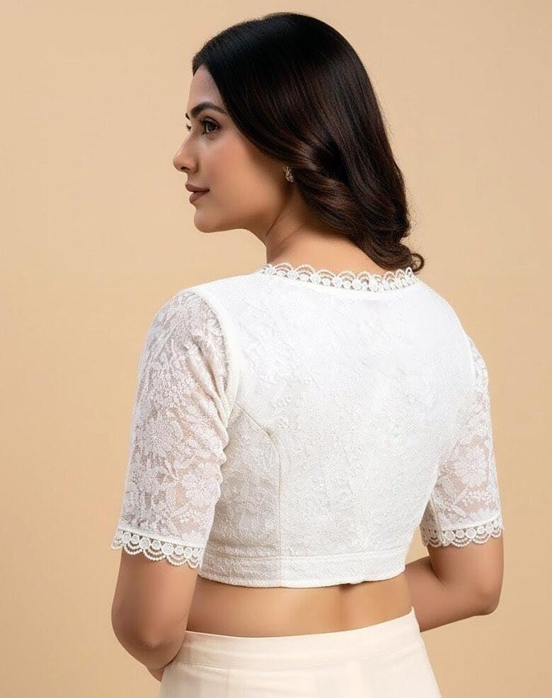 White Georgette Chikankari Blouse: Hand Embroidered