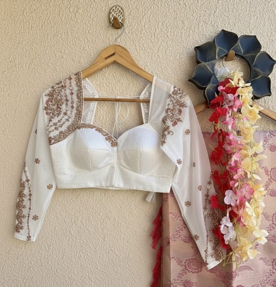 Elegant White Net Embroidered Designer Blouse