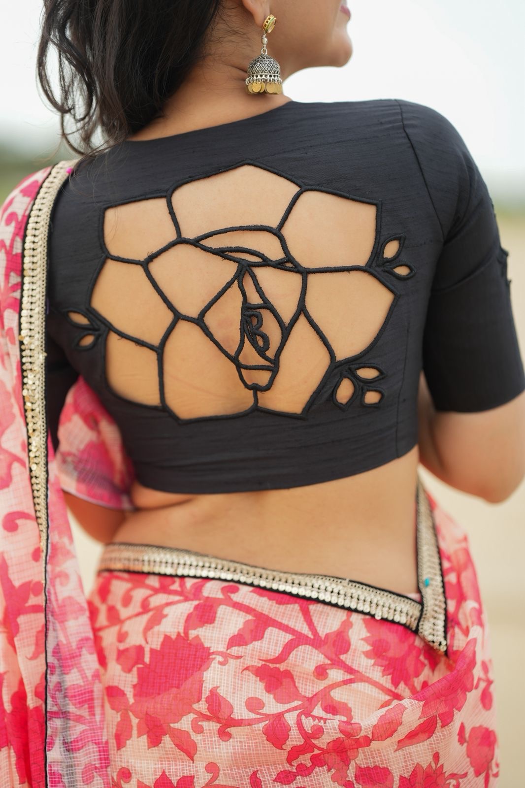 Black Designer Blouse with Artistic Cutwork Back Neck