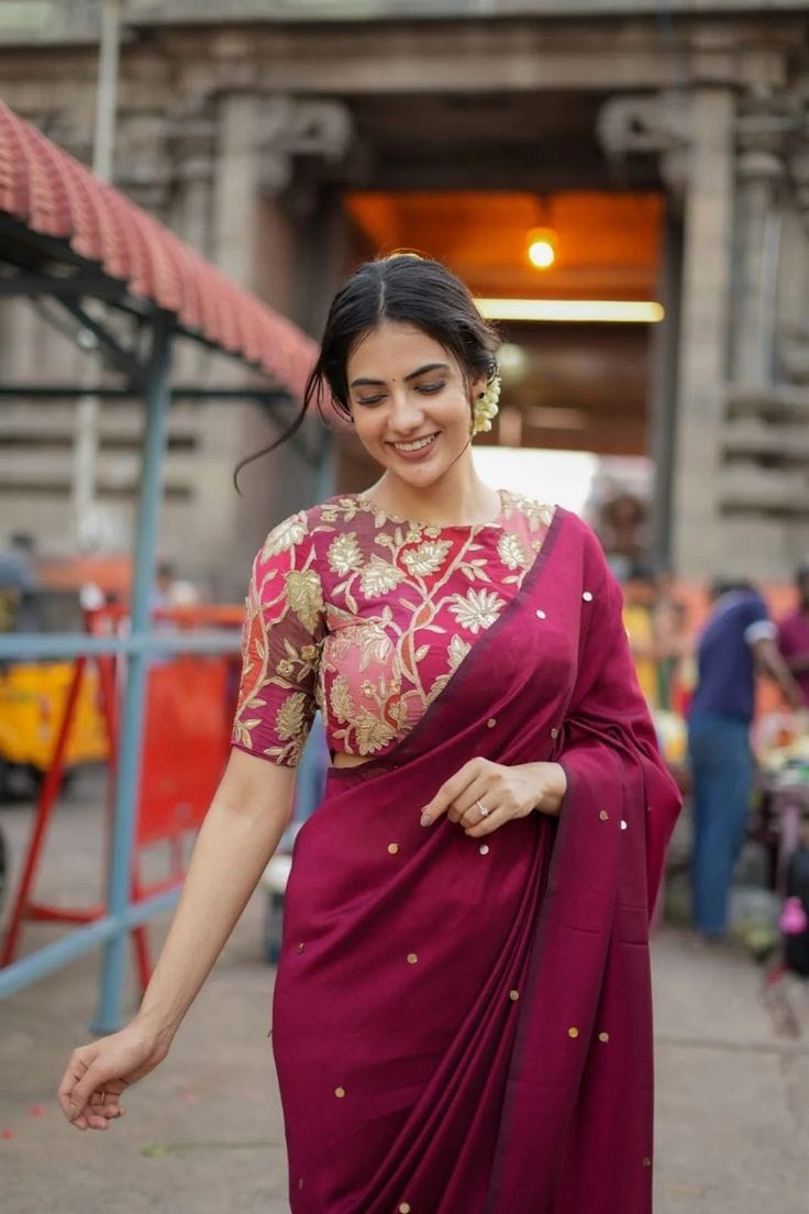 Wine Maroon Designer Blouse with Heavy Gold Embroidery & Dori Back