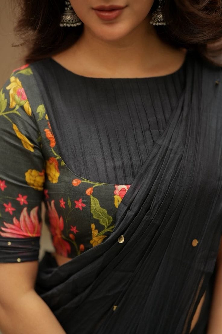Elegant Black Blouse with Multicolor Floral Print & Pleated Yoke