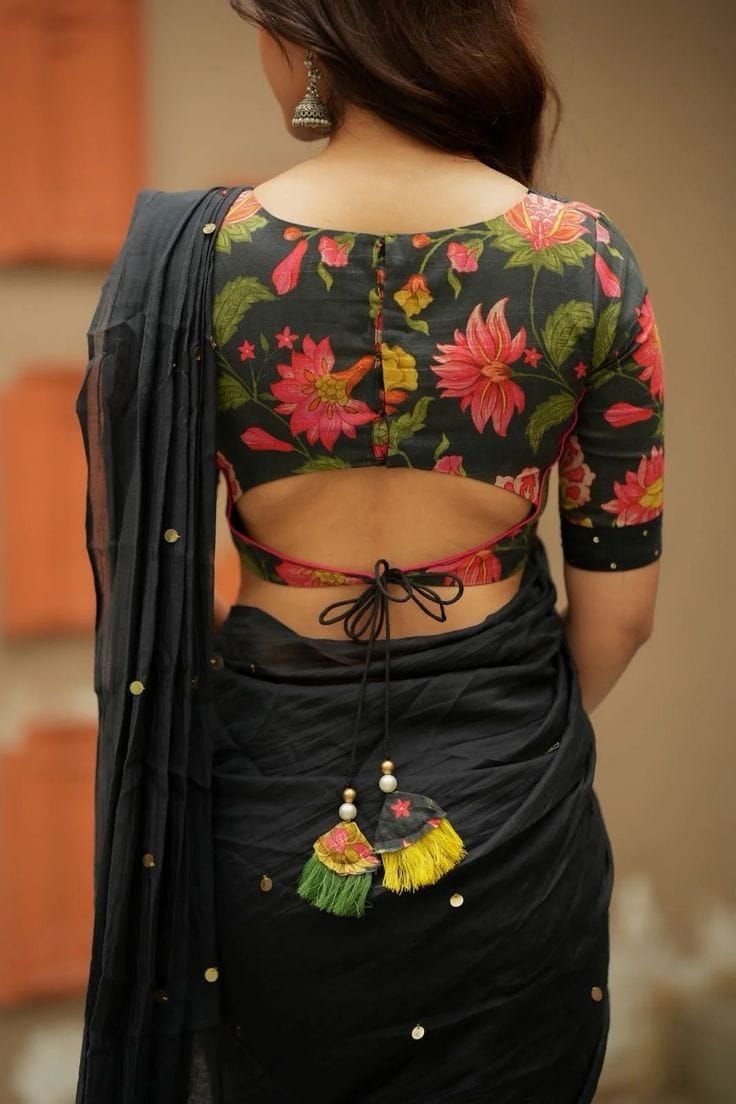 Elegant Black Blouse with Multicolor Floral Print & Pleated Yoke