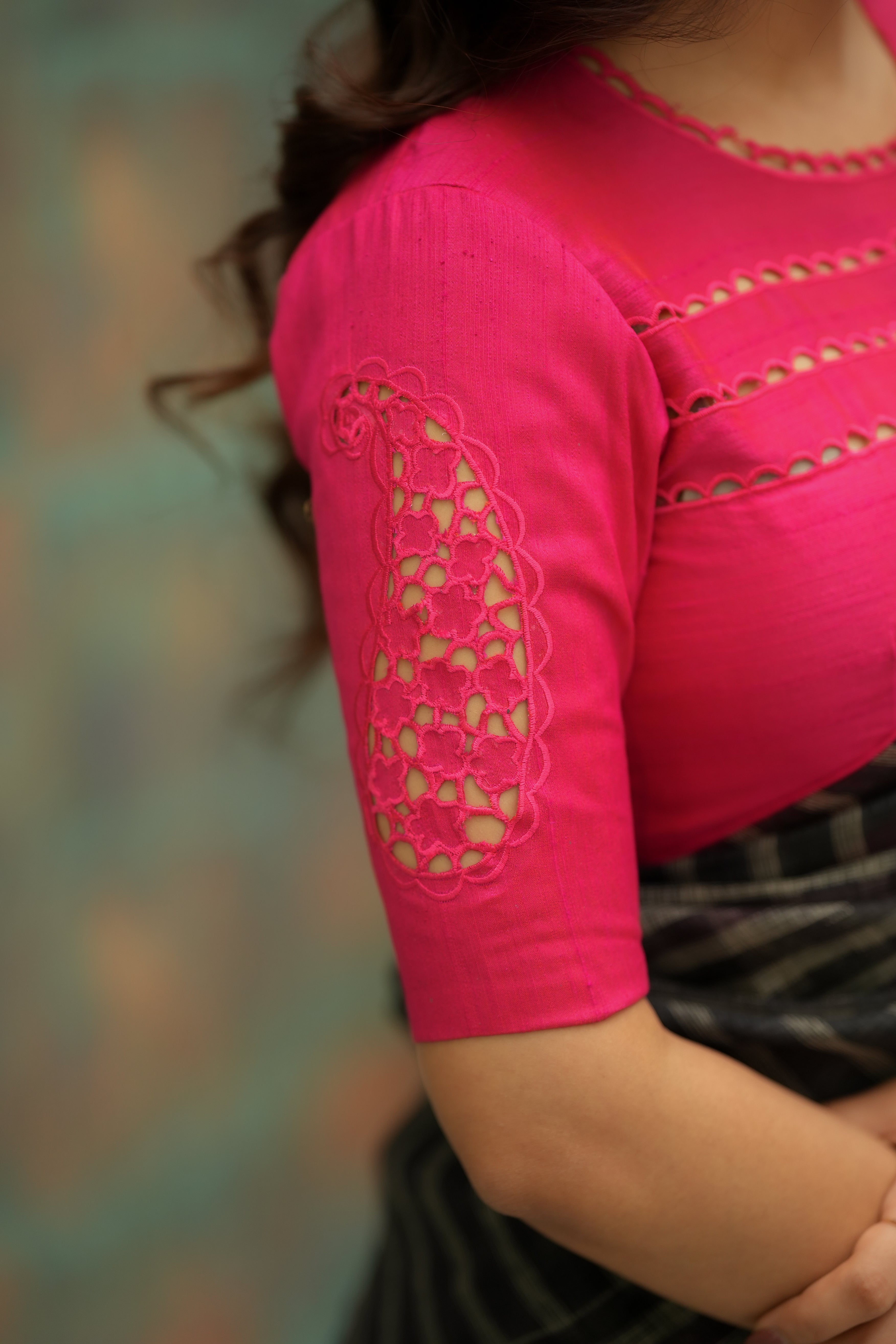 Rani Pink Designer Blouse with Floral Cutwork Sleeves