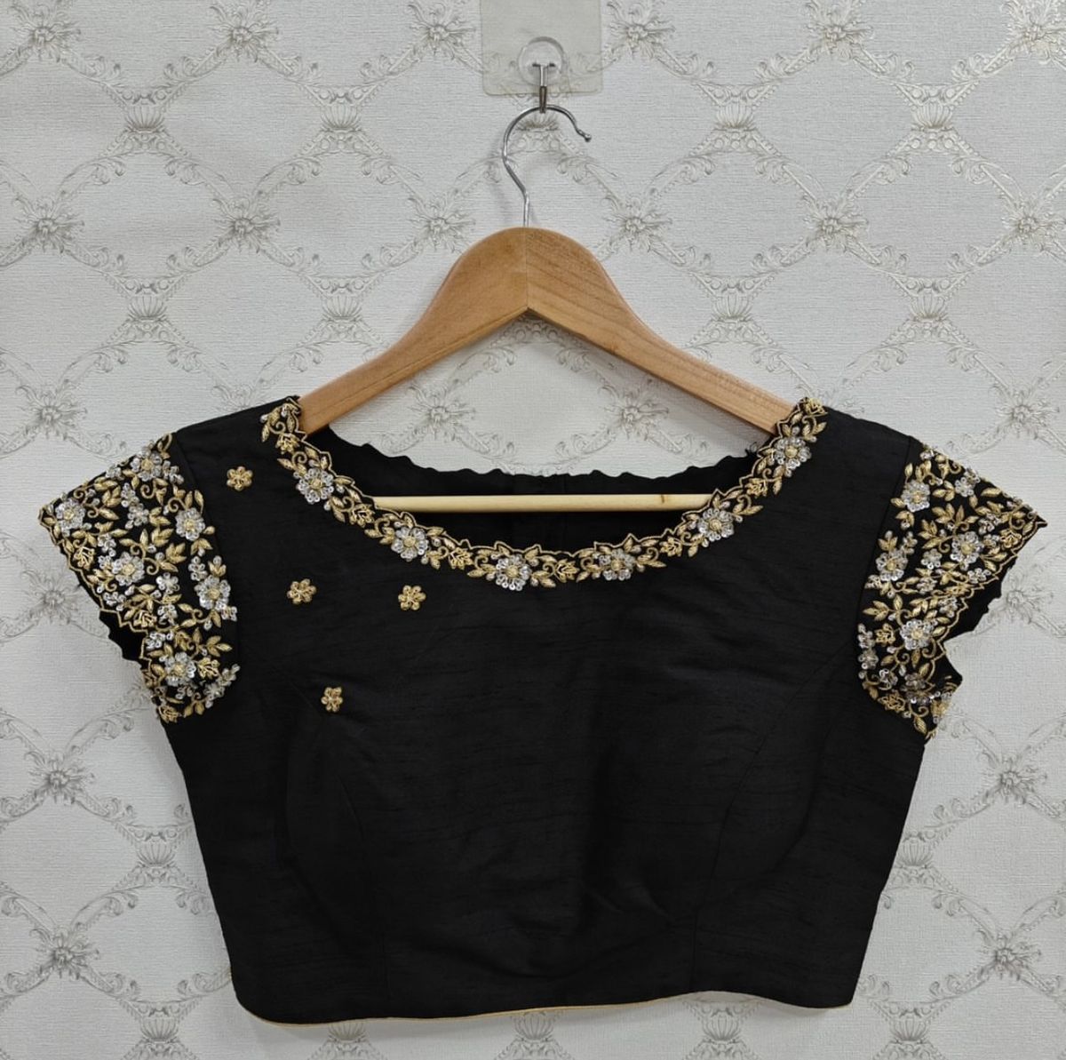 Black Designer Blouse with Gold Floral Embroidery