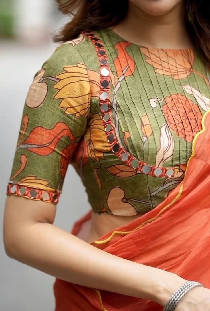 Olive Green Printed Designer Blouse with Mirror Work Detailing