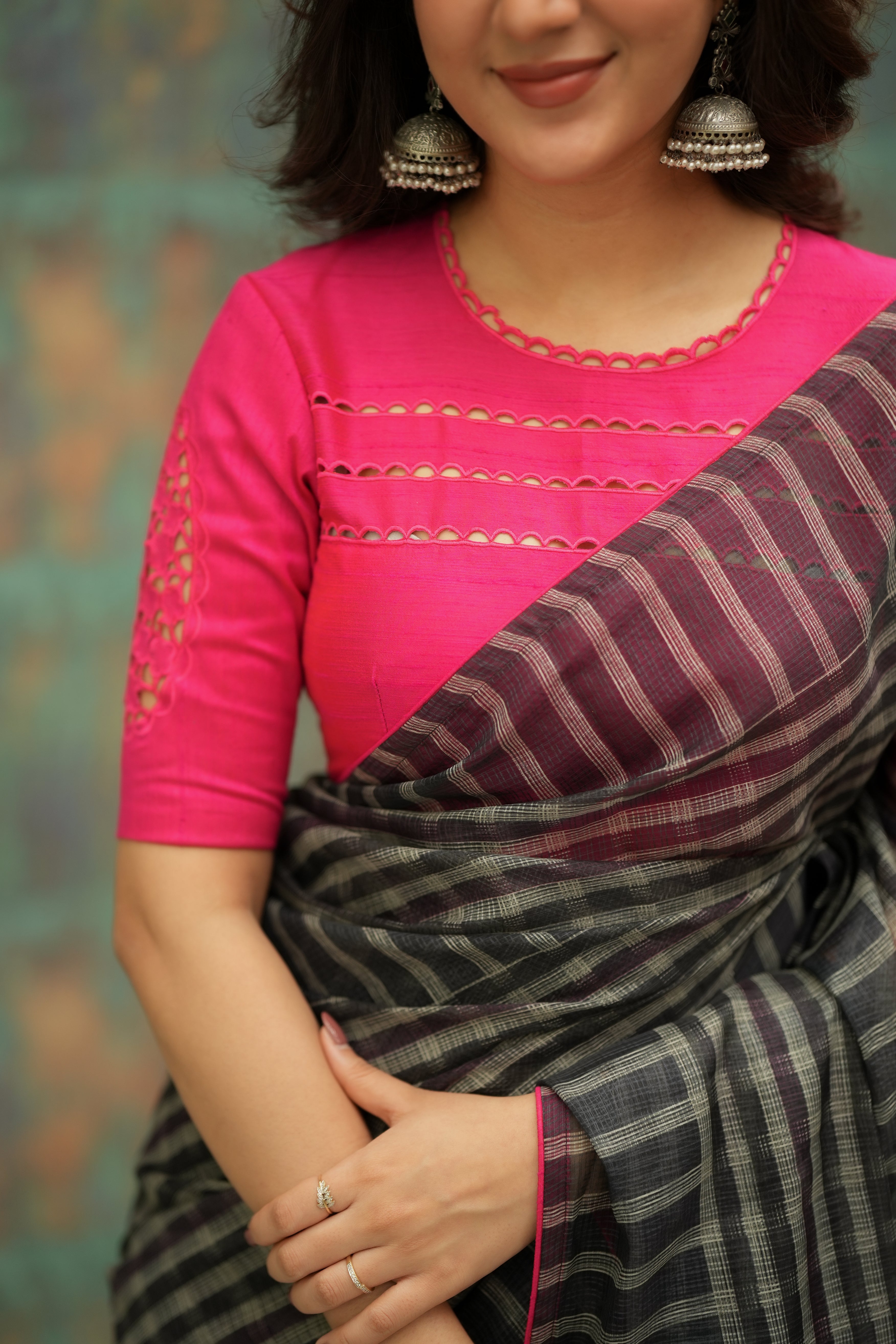 Rani Pink Designer Blouse with Floral Cutwork Sleeves