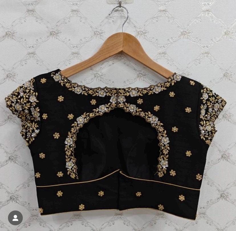 Black Designer Blouse with Gold Floral Embroidery