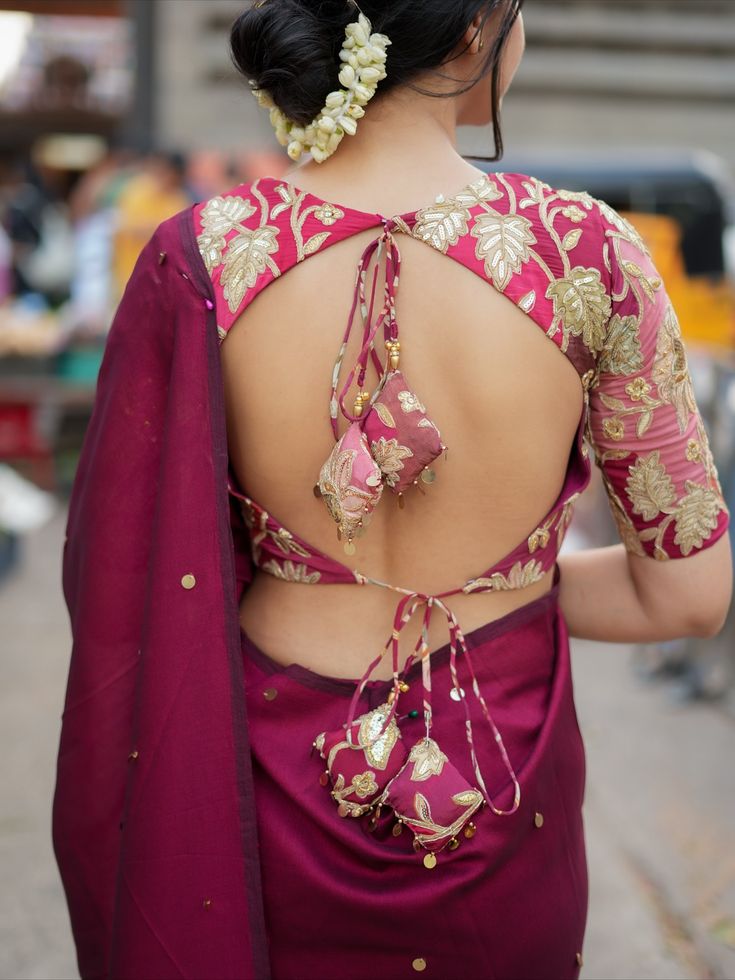 Wine Maroon Designer Blouse with Heavy Gold Embroidery & Dori Back