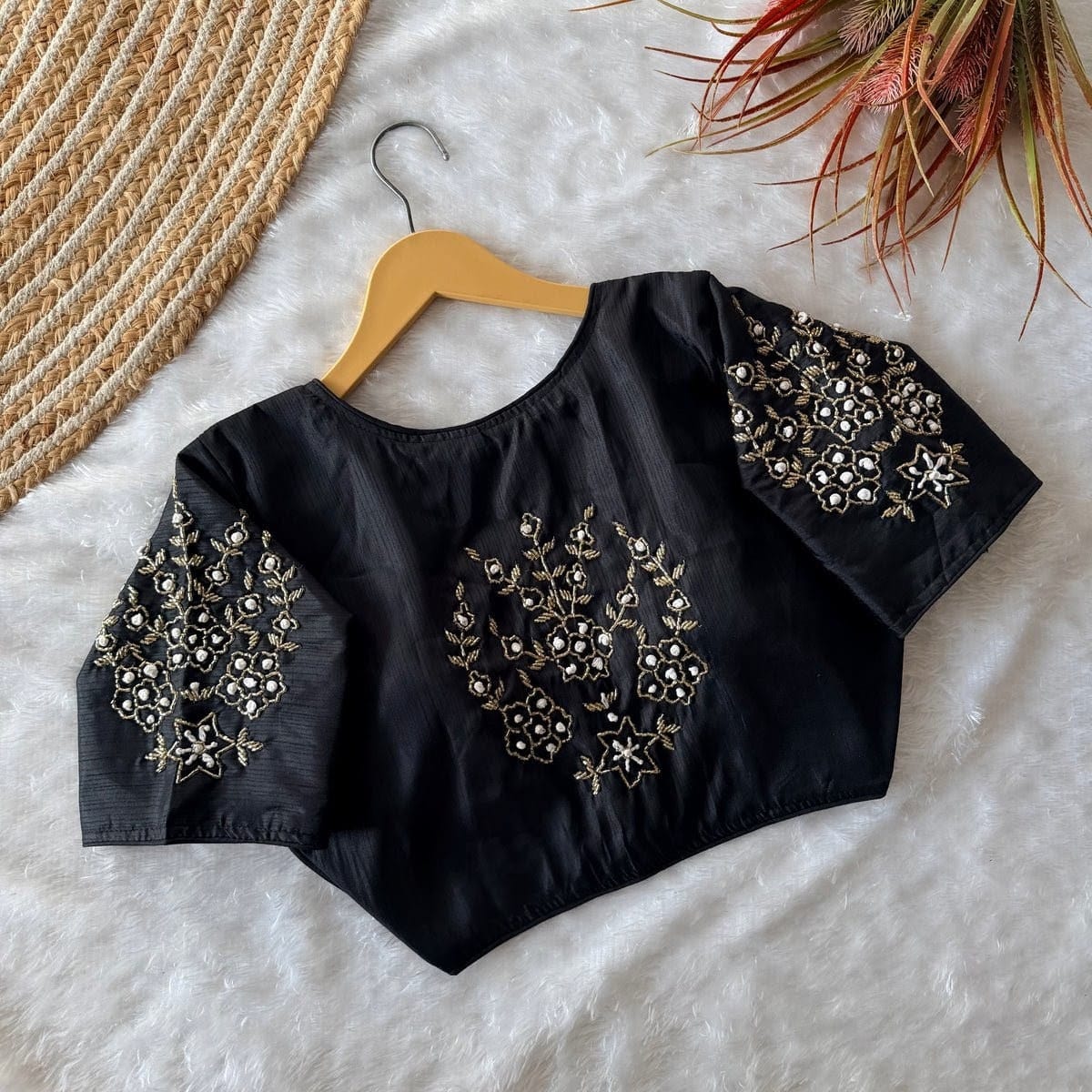 Blingnest Silk Hand Embroidery Blouse/Black