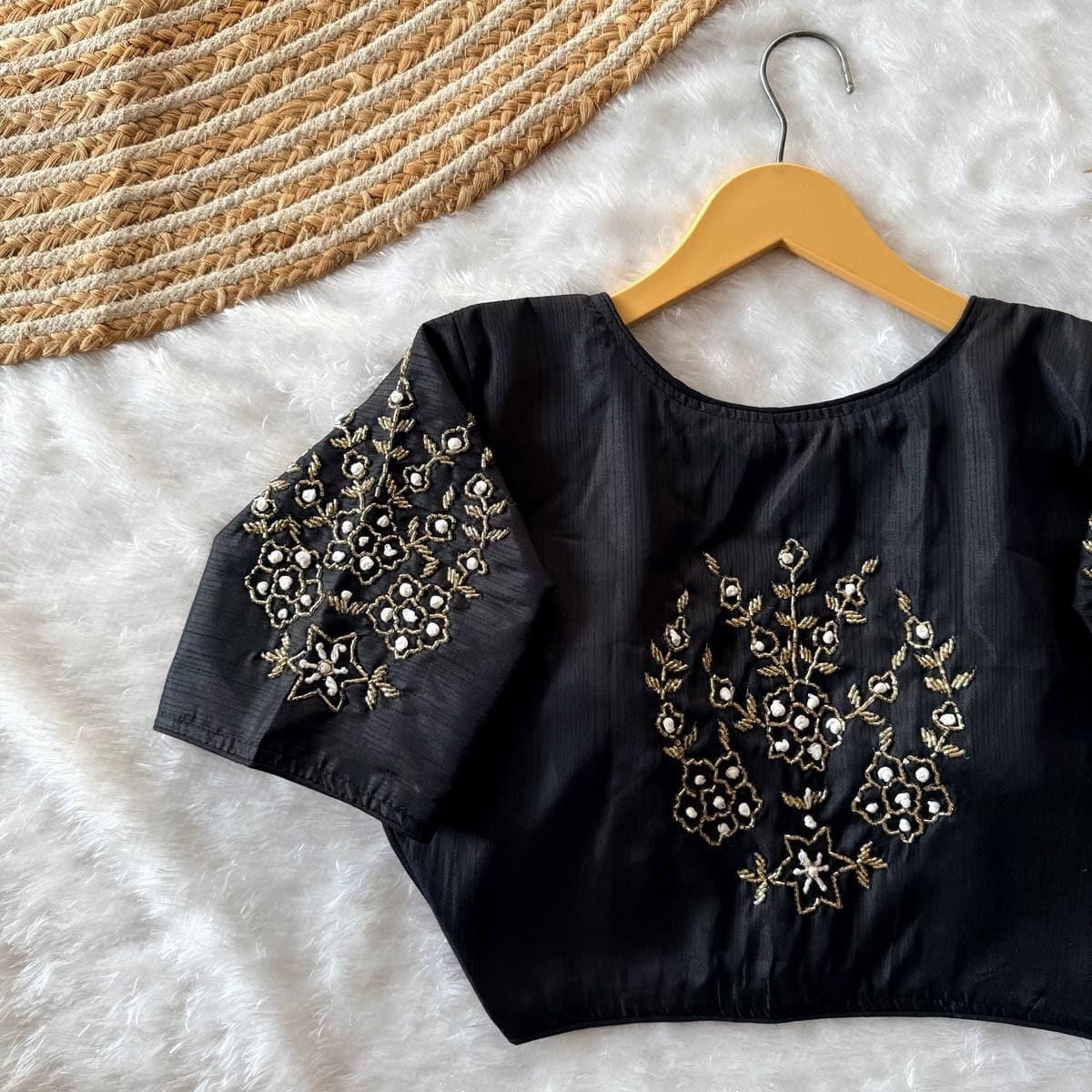 Blingnest Silk Hand Embroidery Blouse/Black