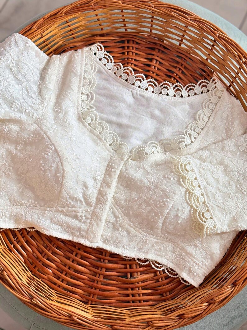 White Georgette Chikankari Blouse: Hand Embroidered