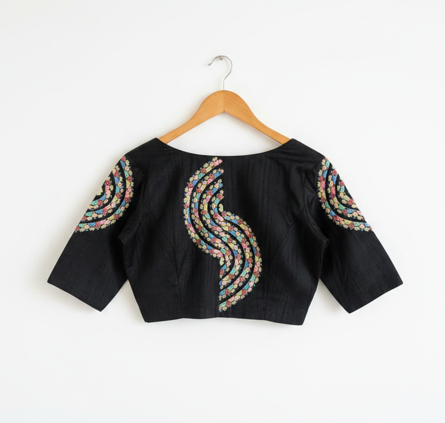 Black Designer Blouse with Multicolor Floral Embroidery